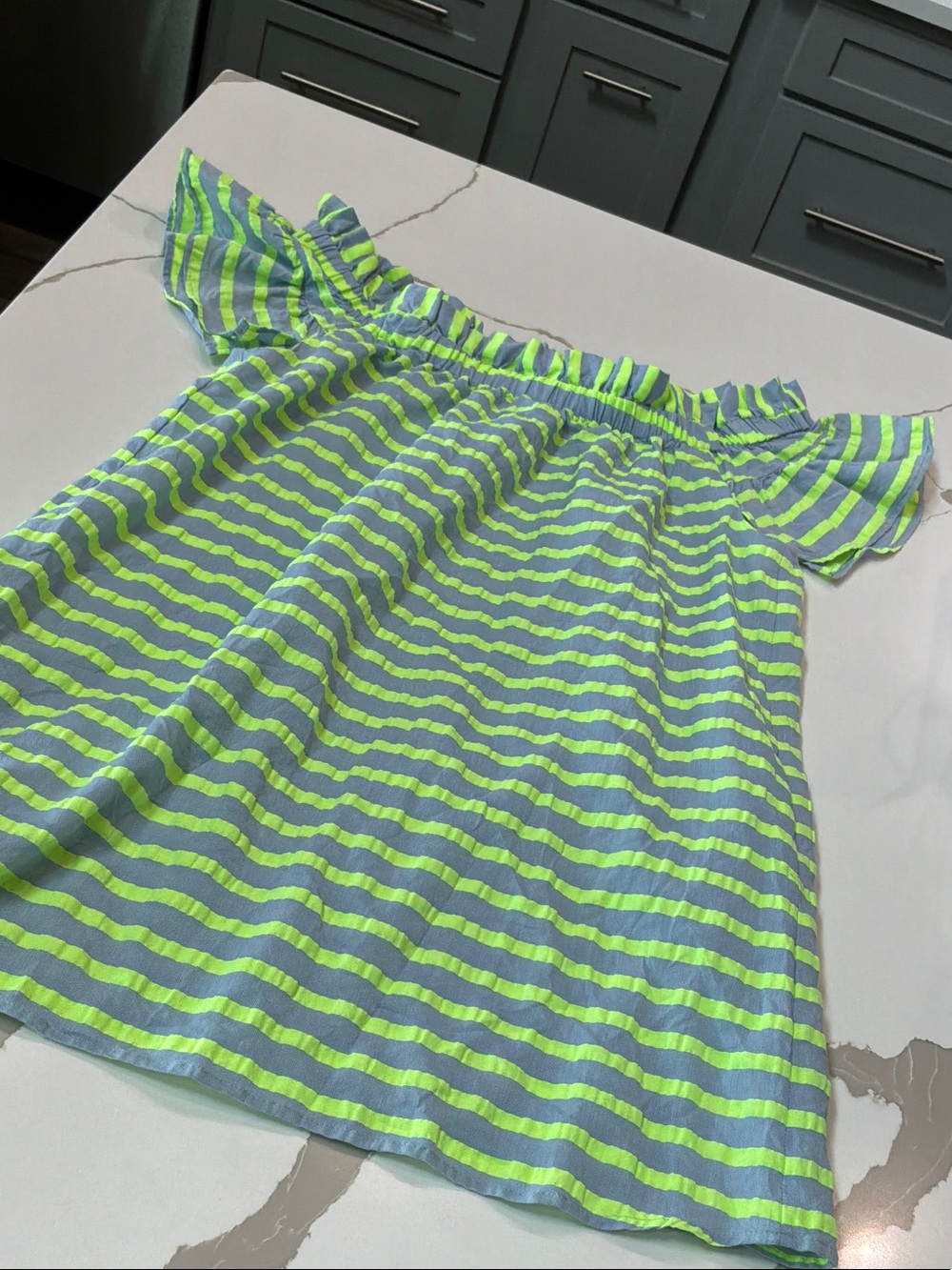 Corey Lynn Calter Medium Neon Lime Light Blue Striped Off-Shoulder Midi Dress